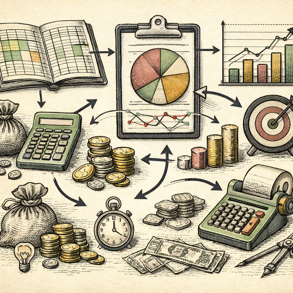 An abstract illustration showing a startup's financial planning: an assortment of colorful tools like calculators, spreadsheets, graphs, and charts, all interconnected with arrows and pathways to symb