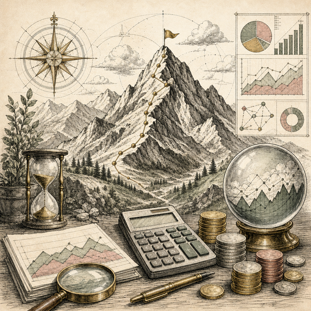 A digital scene of a mountain labeled 'Startup Budgeting' with financial tools such as a calculator, coin stacks, and a crystal ball for cash flow forecasting.