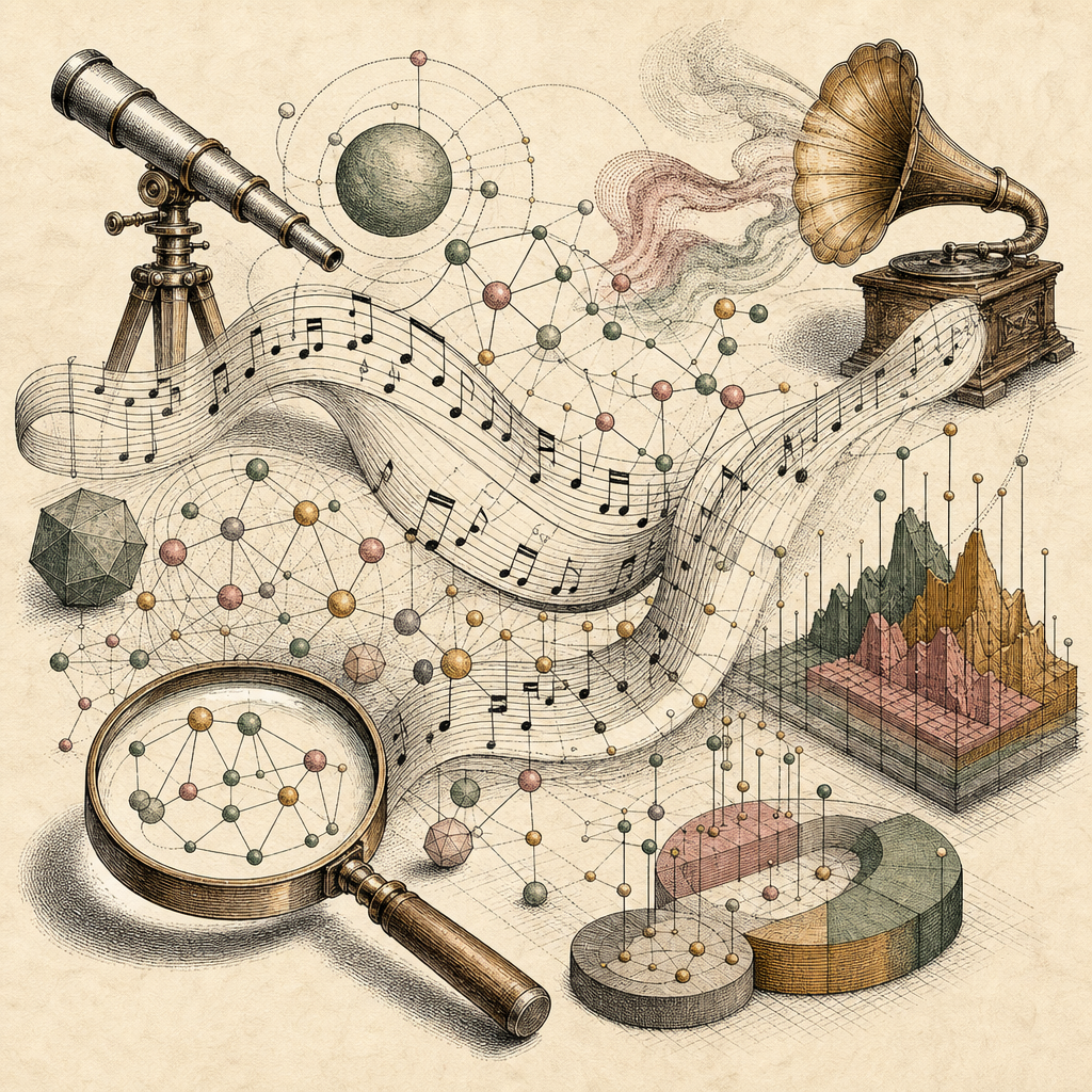 A digital symphony with structured data elements like JSON-LD symbols and search engine graphs intertwining to form a musical score, representing the harmony of SEO strategies.