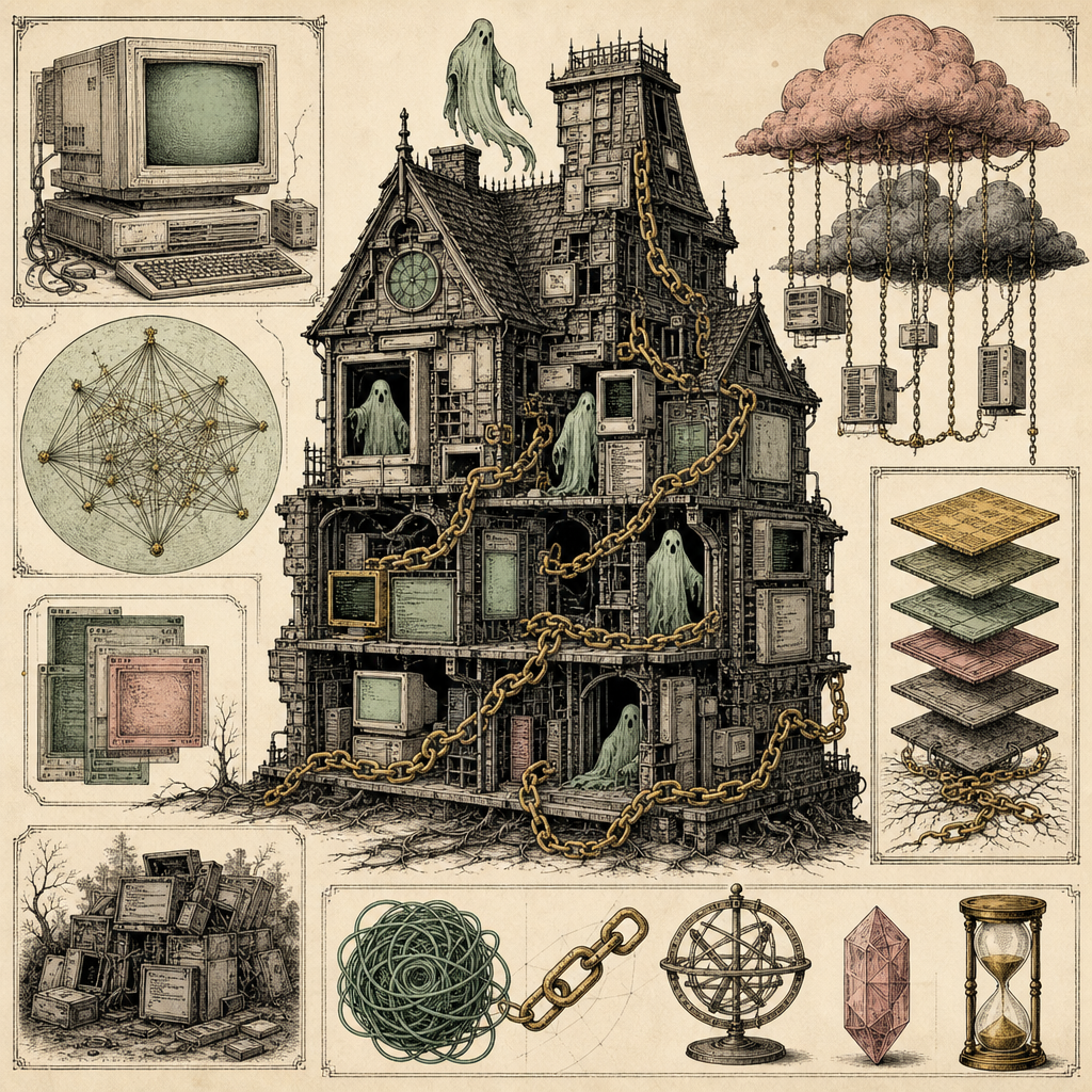 A haunted house made of code snippets and old software interfaces, with ghostly chains representing technical debt weaving through the structure. No humans.