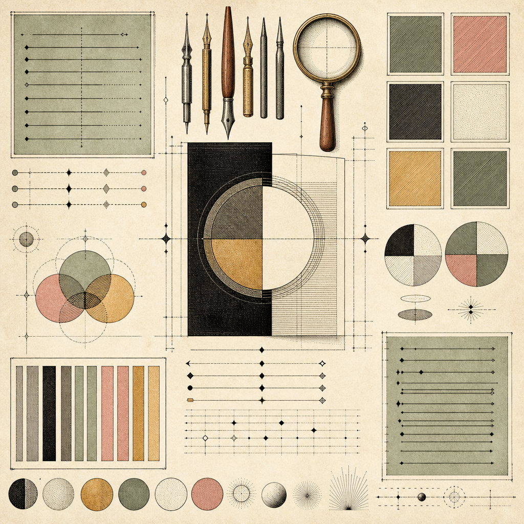 An abstract illustration of various typography elements, showing fonts, spacing lines, and color contrast symbols in a harmonious and visually balanced arrangement.