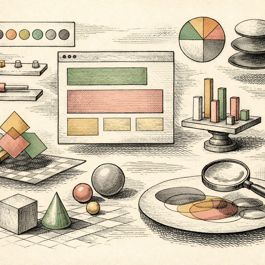 A whimsical scene depicting a digital interface with floating elements like color palettes, typography scales, and shadows, all interacting in a dance of vibrant colors and shapes, symbolizing the pri