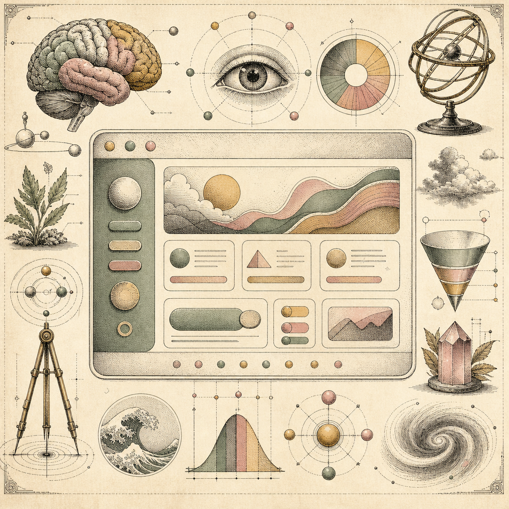 An abstract representation of a web interface with vibrant colors, playful fonts, and rounded buttons, highlighting psychological elements of UI/UX design without human elements