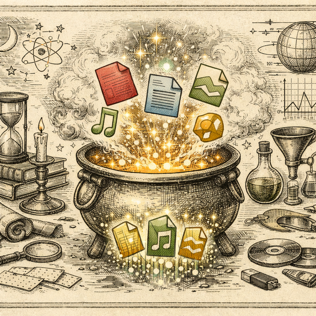 A mystical digital cauldron where different file types (PDF, DOCX, MP3, PNG) are floating and mixing together, turning into new formats with sparkles and digital effects