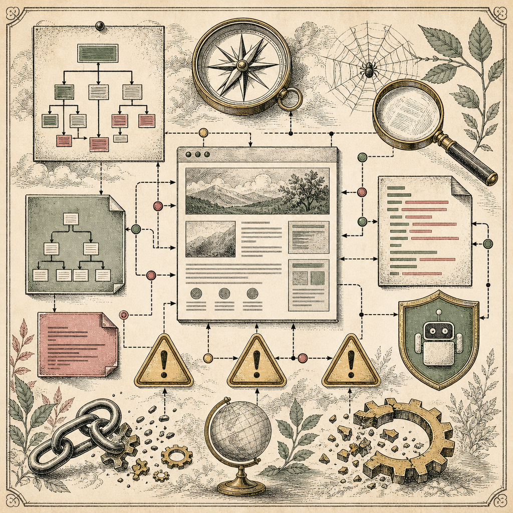 An abstract representation of a website with various SEO elements like sitemap, meta tags, and robots.txt files visibly interconnected, surrounded by caution symbols indicating SEO mistakes.