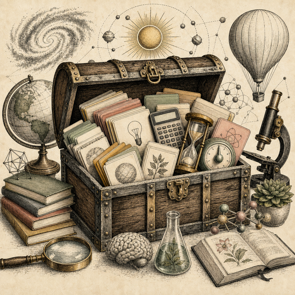 A digital treasure chest overflowing with educational tools like flashcards, calculators, and timers, symbolizing the abundance of free learning resources available online.