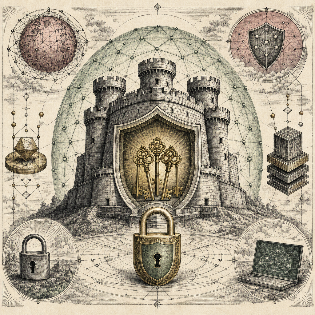 A digital fortress protecting a set of keys inside, with symbols of locks, encrypted data, and a padlock signifying cybersecurity and social engineering protection.