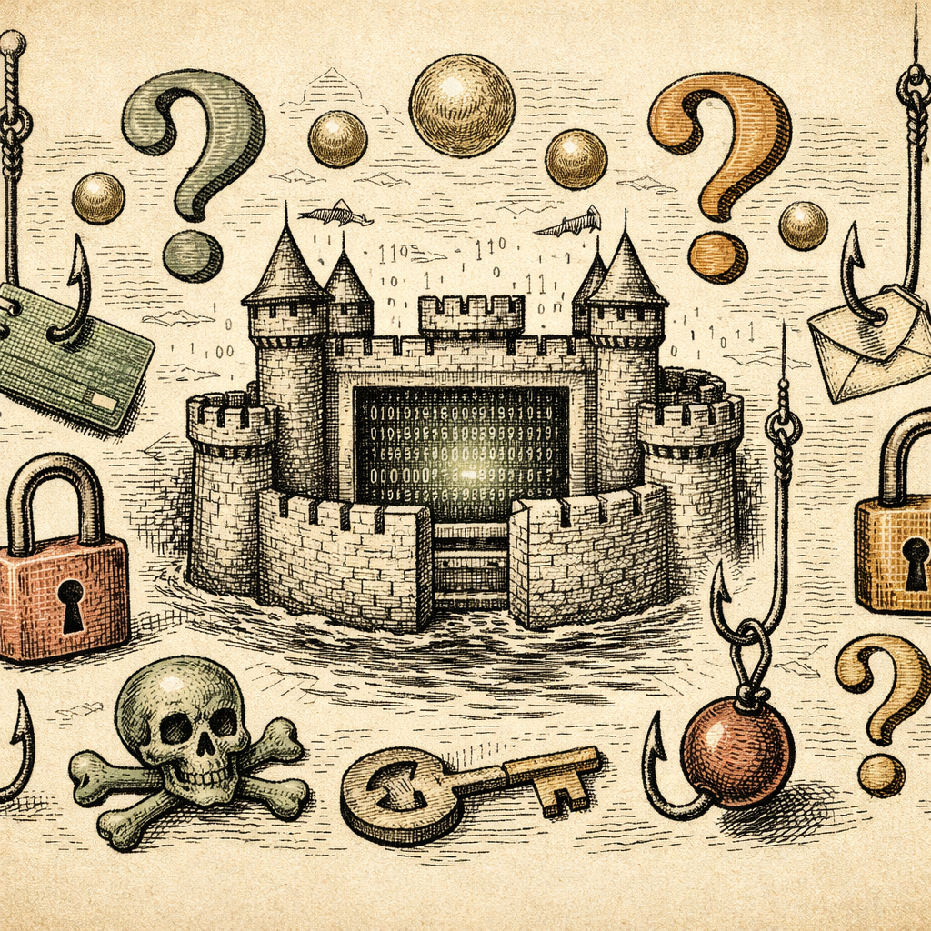 An abstract representation of social engineering: a digital fortress with floating question marks, locks, and phishing hooks trying to penetrate the defenses.