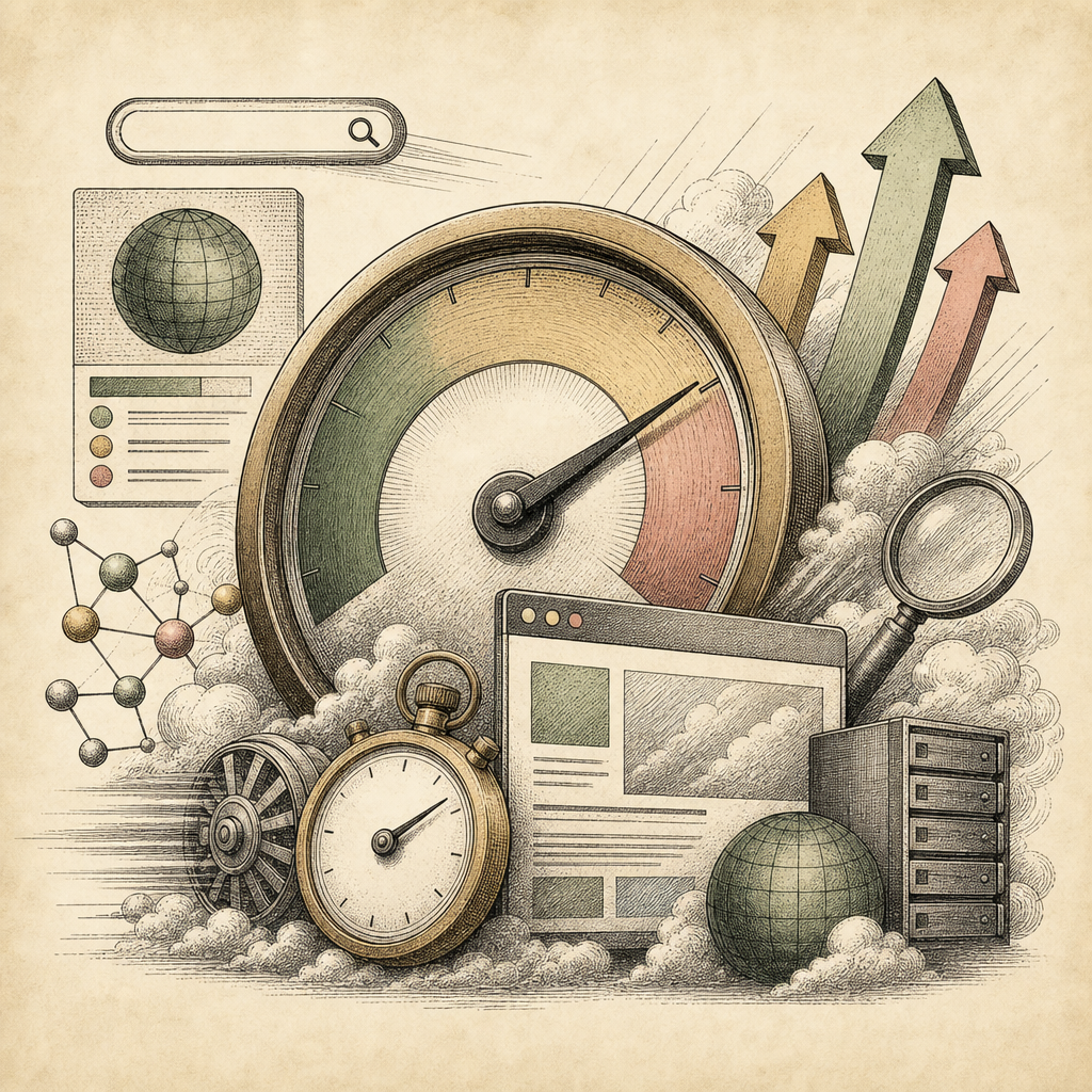 A dynamic speedometer with SEO elements like search bars, keywords, and ranking arrows blended into the design, conveying the urgency and importance of page speed for SEO.
