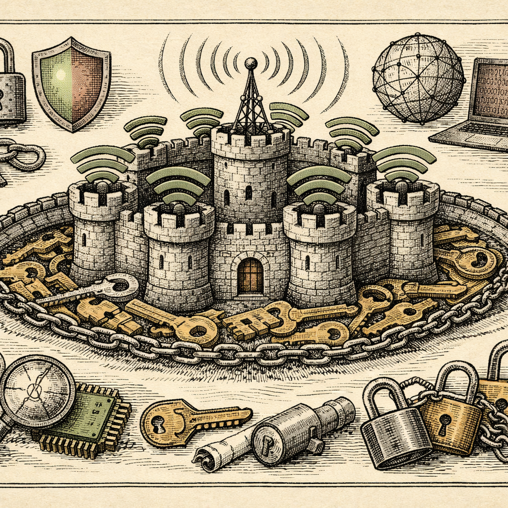 A digital fortress with an array of Wi-Fi signals as battlements, surrounded by a moat of encryption keys, representing wireless security.