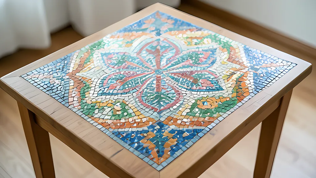 A square tabletop mosaic of tiny tiles in four colors forming an intricate symmetric fractal pattern, seen from above at an angle