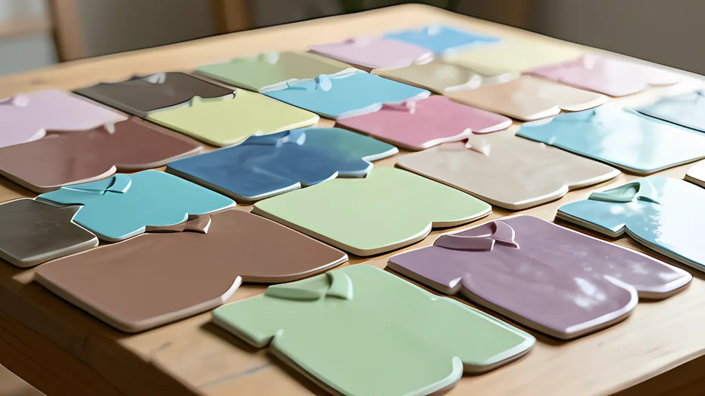 A tabletop covered with identical ceramic tiles of one irregular shirt-like shape, fitted together without gaps in sea green, coral and cream