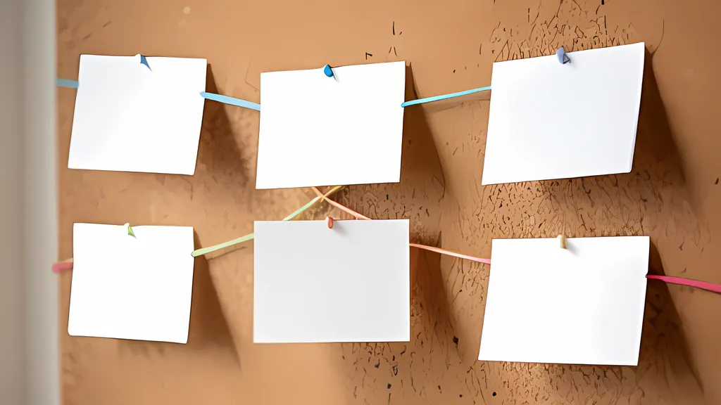 Blank index cards pinned in a branching arrangement on a cork board, joined by lengths of coloured string, in soft light.