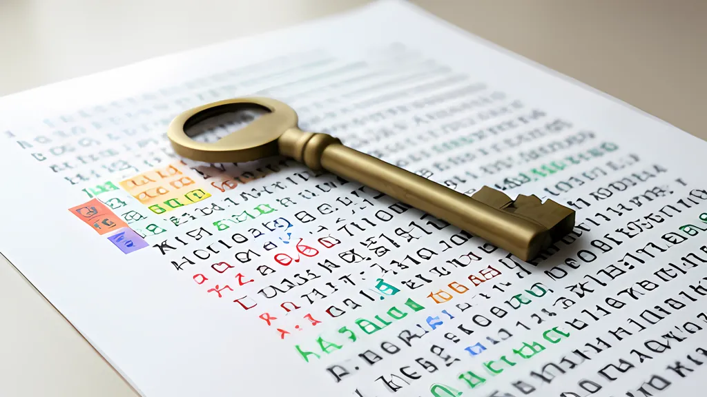 A brass key lying across a printed sheet of rows of letters and digits, with a few groups highlighted in orange, green and red, in soft desk light.