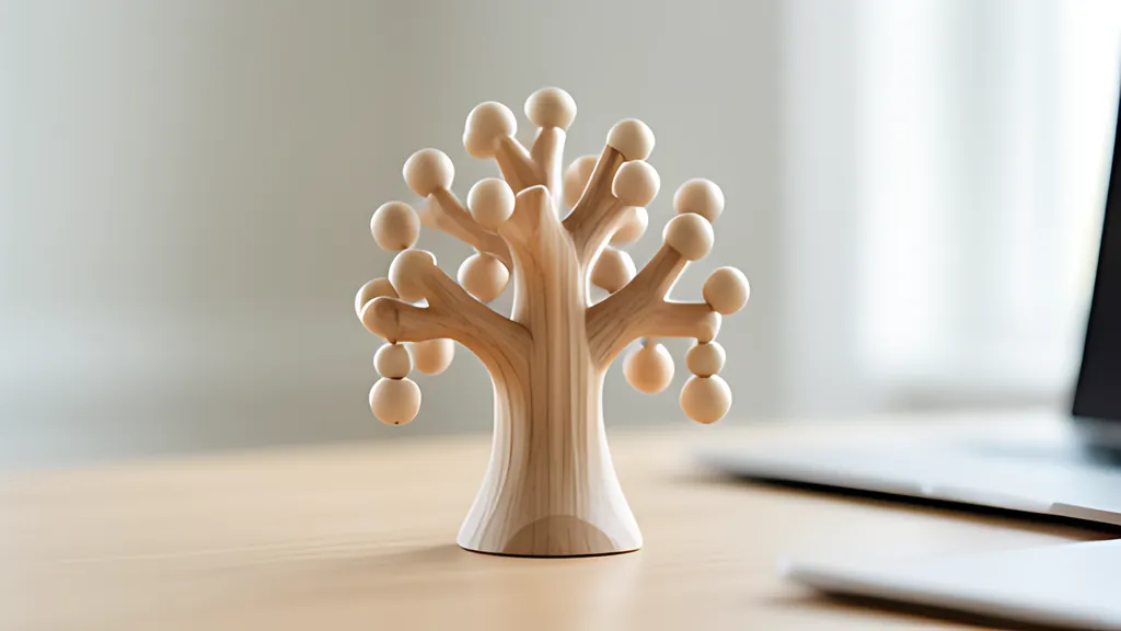 A small pale wooden tree sculpture on a desk, round wooden beads at the tips of its branches, a laptop blurred beside it.
