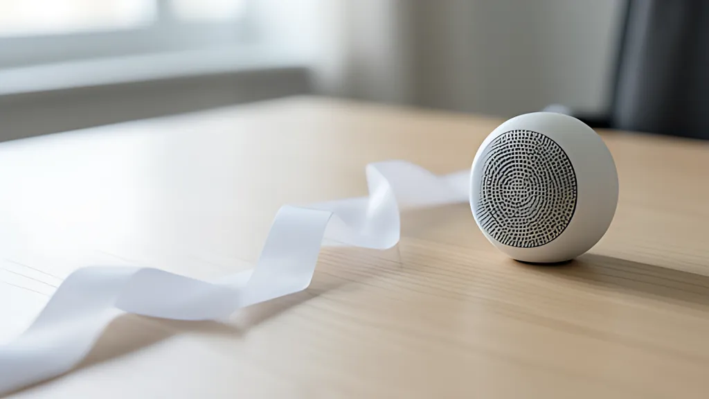 A small round white speaker on a light wooden table, with a long white ribbon curling in soft waves across the tabletop beside it