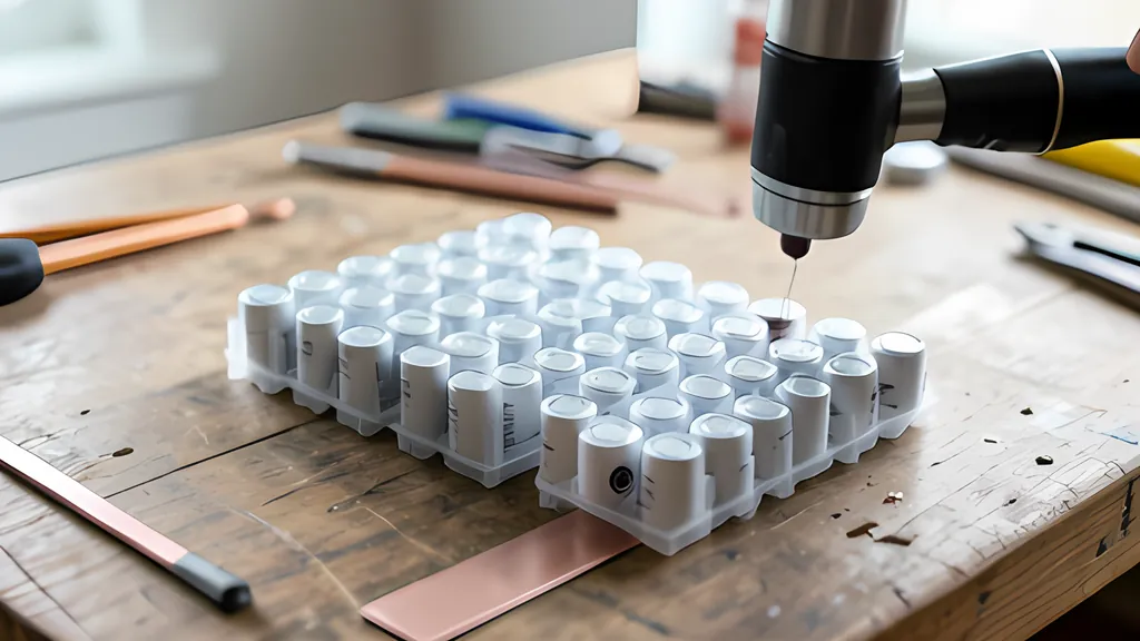 White cylindrical cells standing in clear plastic holders on a wooden workbench, with a strip of metal in front and a hand tool lowered over one cell