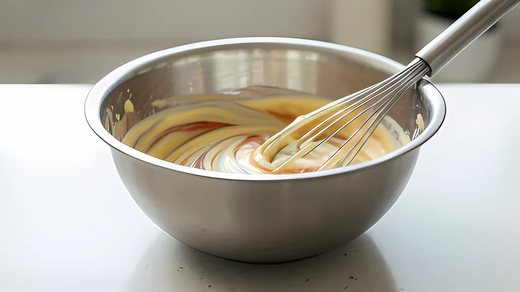A steel mixing bowl of pale batter swirled with ribbons of a second color, a wire whisk resting in it, on a white kitchen counter with no people.
