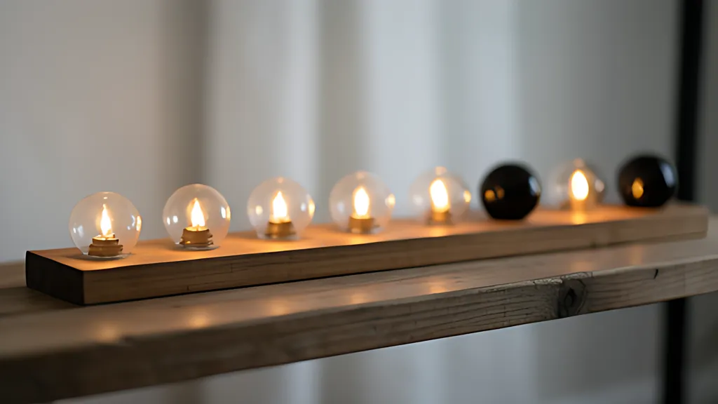 A long wooden board holding a row of small round glass lamps, a few lit warmly and the rest dark, in soft evening light.