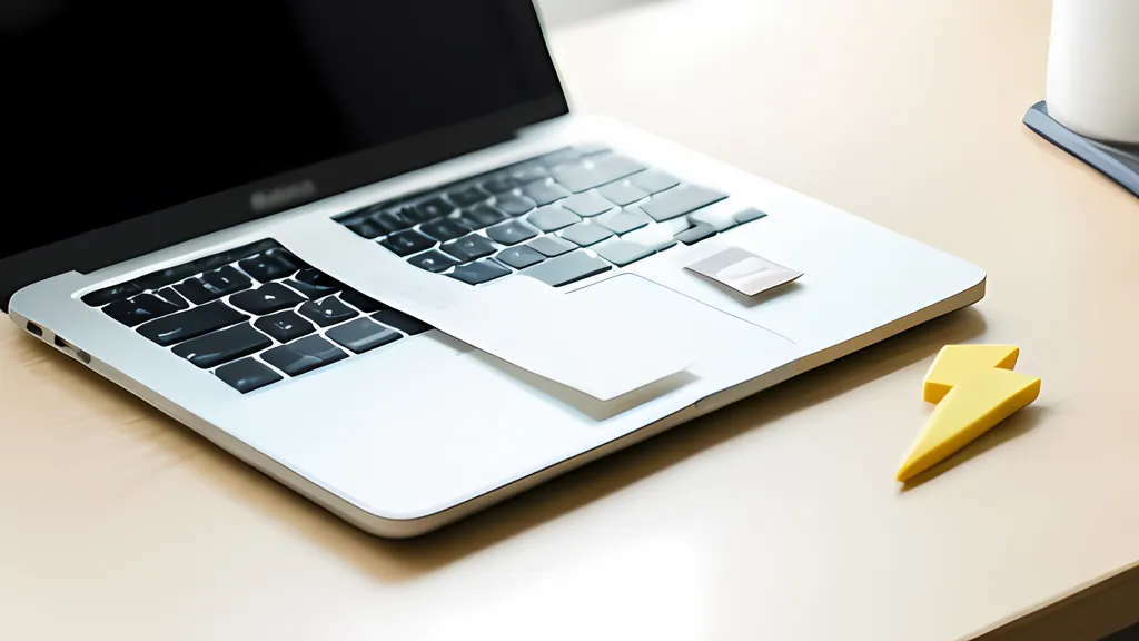 An open silver laptop on a pale desk with a strip of white paper lying across its keyboard and a small yellow lightning bolt beside it