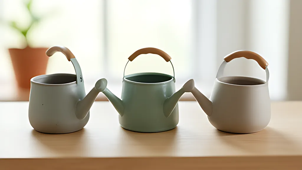 Three small rounded watering cans with wooden handles in a row on a wooden desk, a potted plant blurred in the window light behind them.