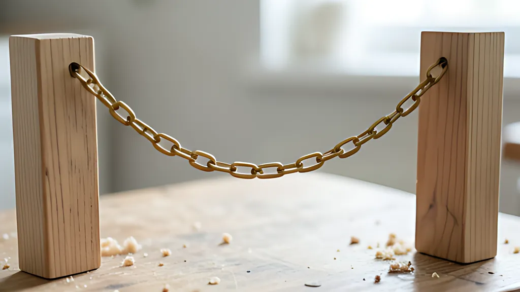 A brass chain hanging in a smooth curve between two short wooden posts standing on a workbench, in soft daylight.