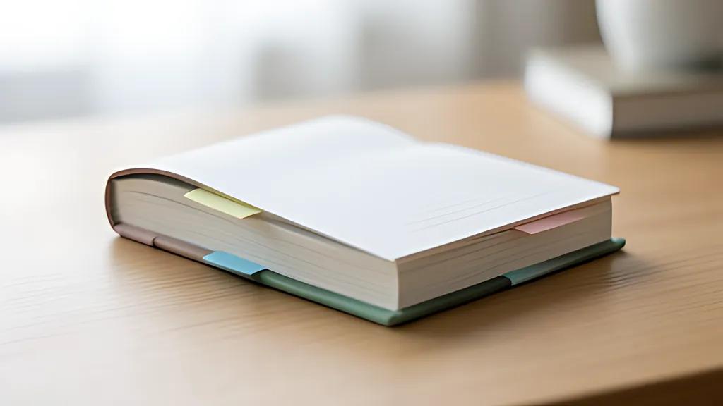 A small rounded ledger book lying open on a pale desk, with a few soft teal and orange tabs marking its pages