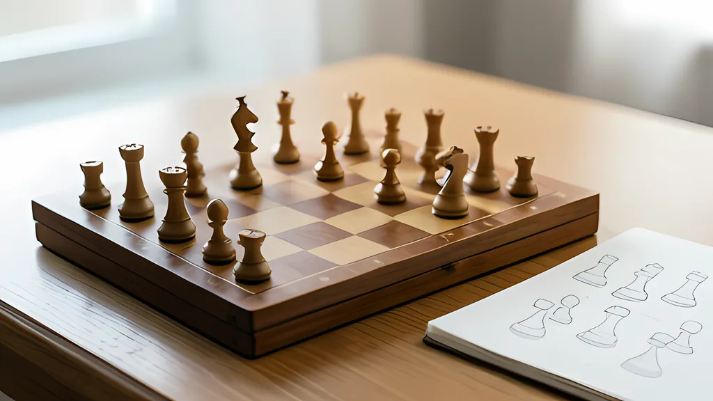 A wooden chessboard with one knight and eight queens set out on it, beside an open notebook of pencil diagrams in soft window light.