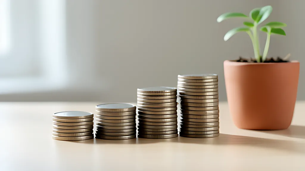 A row of soft rounded coin stacks on a desk, each a little taller than the last, beside a small potted sprout in warm light.