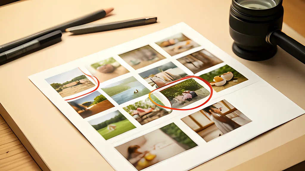 A sheet of small photo prints on a warm light table with three red circles drawn on it, a black loupe and a silver marker pen lying beside the sheet.
