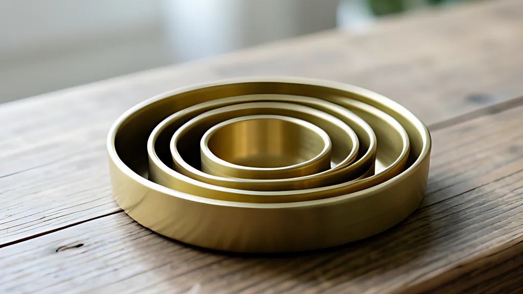 A set of brass measuring cups in decreasing sizes arranged in a spiral on a wooden workbench in soft daylight