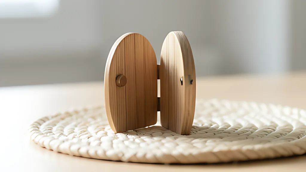 A small two-panel wooden door model with rounded tops, hinged and standing ajar on a round woven mat on a light desk