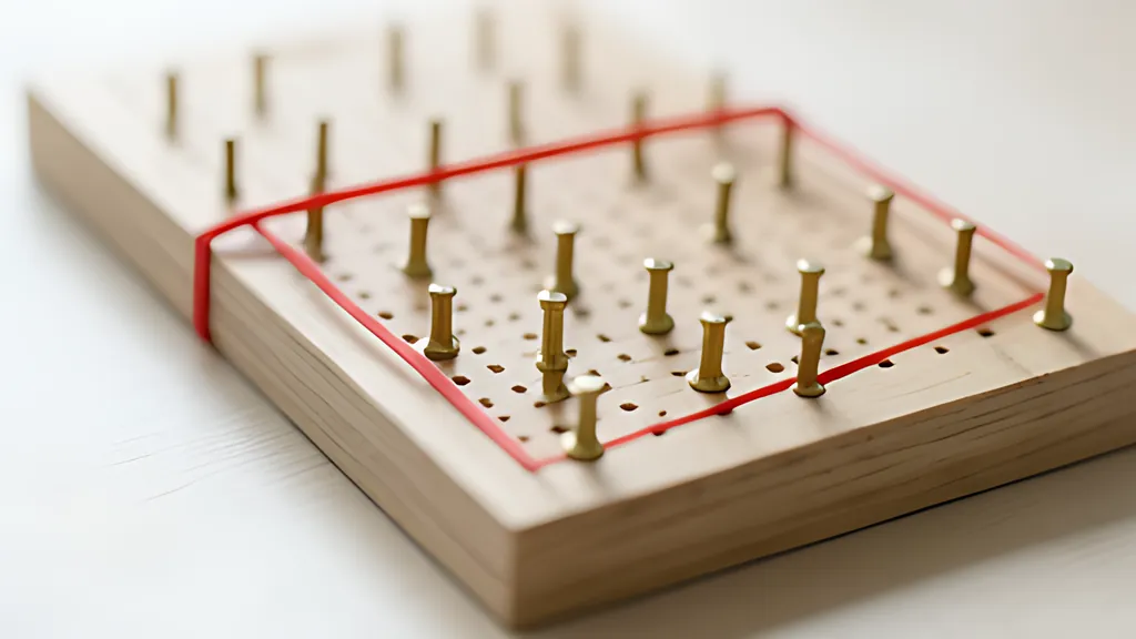 A wooden pegboard with brass pegs standing in a grid of holes and a red elastic band stretched around the outermost pegs, on a pale table.