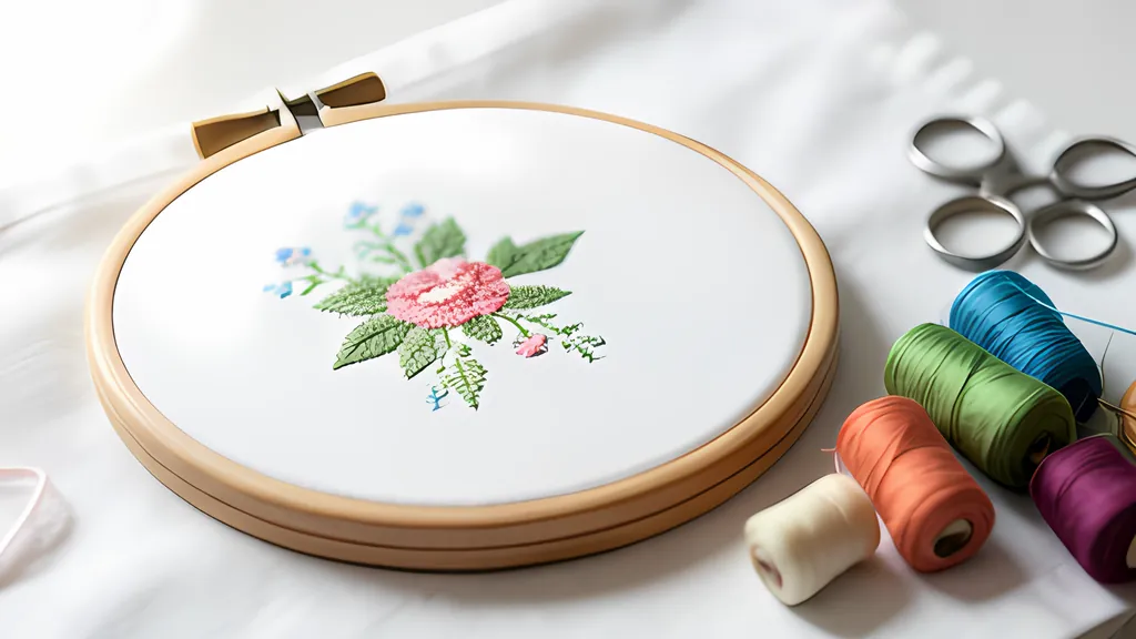 A wooden embroidery hoop holding a stitched pink flower on white fabric, with spools of colored thread and small scissors beside it.