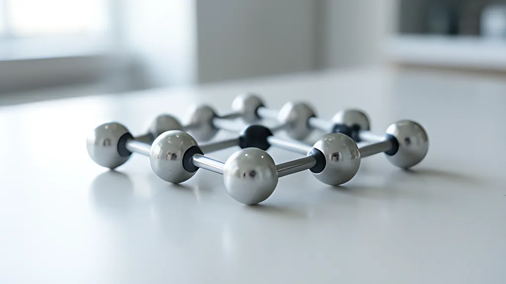 A flat grid of polished metal balls joined by short rods, lying on a white laboratory bench in soft daylight.