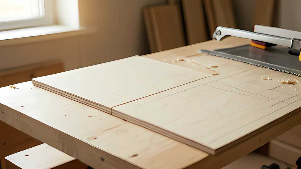 A woodworking bench holding a birch plywood sheet marked with pencil layout lines and partly cut into panels, with a track saw resting beside it.