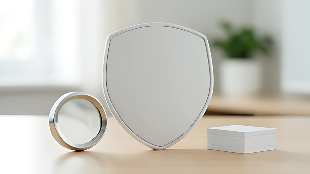 A blank white rounded shield standing on a pale wooden desk beside a round magnifier lens and a short stack of blank white cards.