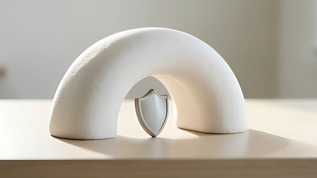 A soft rounded tunnel arch on a pale desk with a small rounded shield standing at its entrance, in sky blue and coral tones.