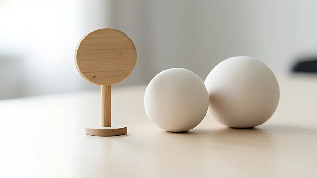 A small round wooden sign on a slim post stands on a pale desk beside two white balls of different sizes, in soft daylight.