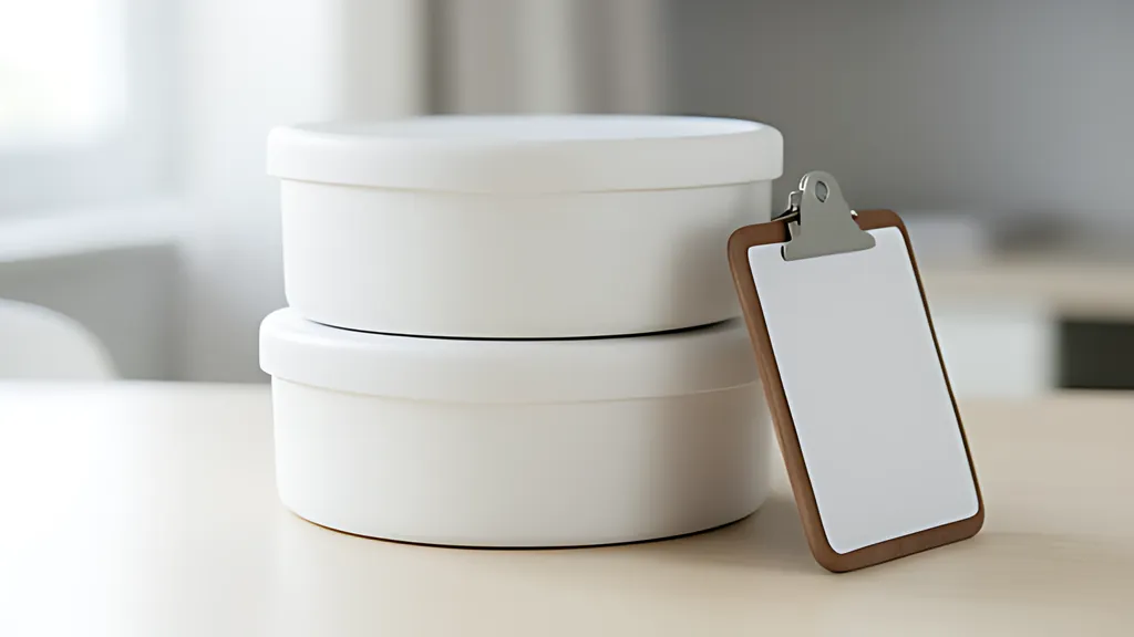 Three blank rounded shipping crates stacked on a pale desk with a small rounded clipboard leaning against them, in blue and coral