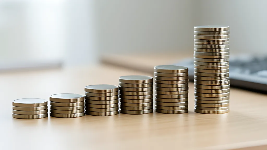 Six rounded stacks of silver coins on a light wooden desk, rising in height from left to right, with the last stack much taller than the rest.
