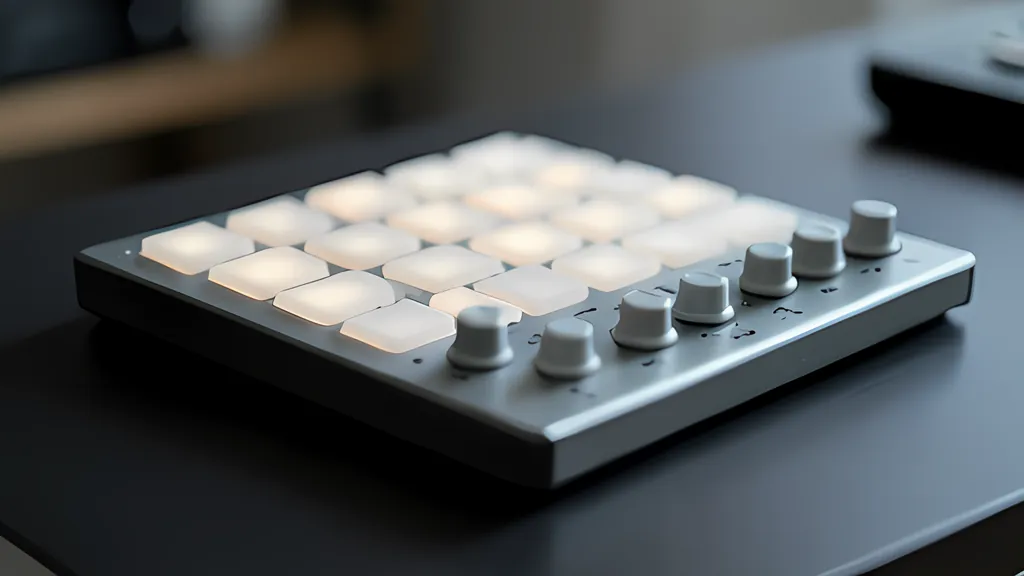 A square grey pad controller with a grid of softly glowing white pads and a row of round knobs, sitting on a dark desk in a dim studio.