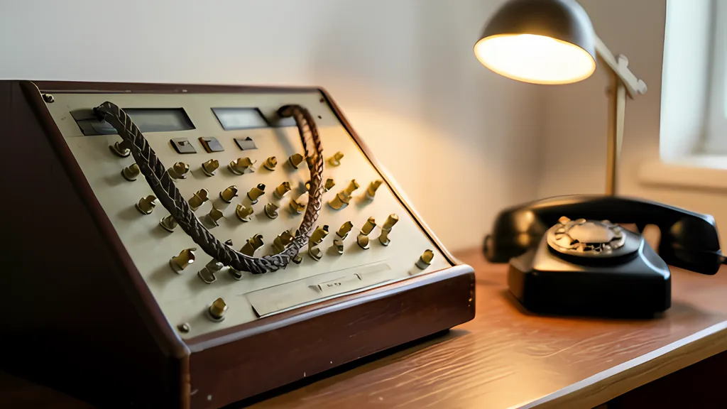 A vintage wooden telephone switchboard with brass jacks and braided patch cords on a desk, beside a black rotary telephone under a warm lamp.