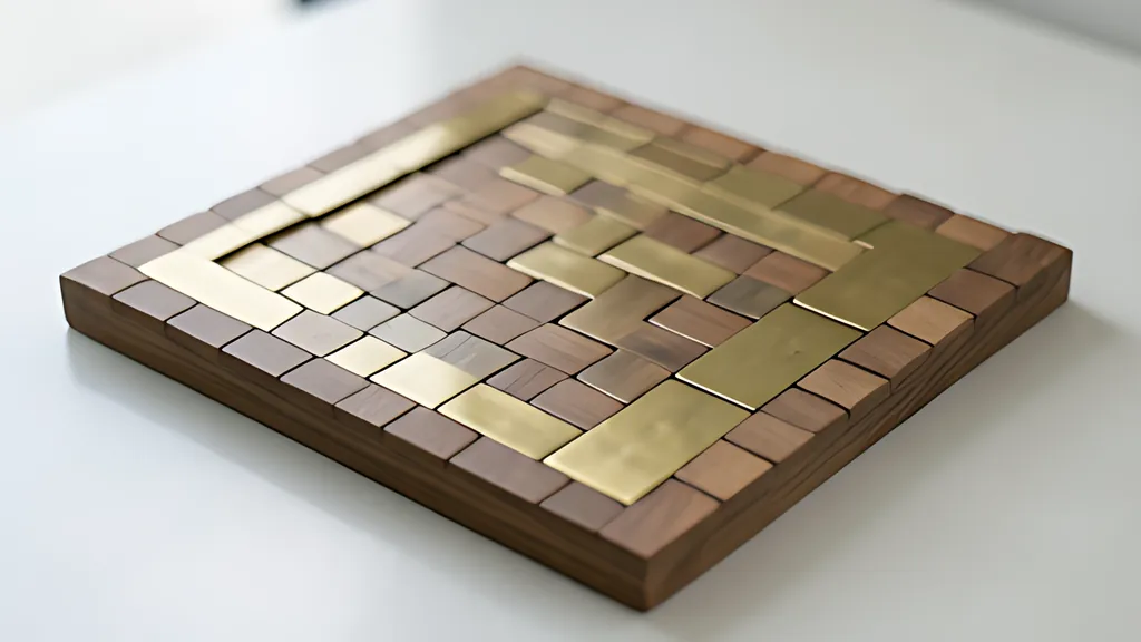 A square walnut tray of small wooden tiles with a path of brass tiles winding from one corner to the far corner, on a white table in soft daylight.