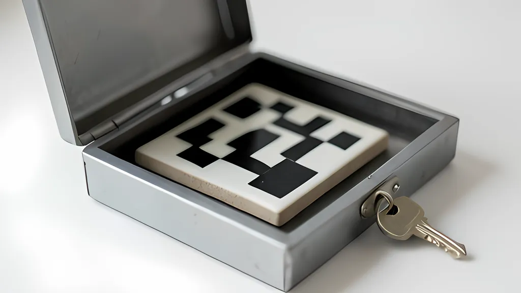 A square ceramic tile with a black and white block mosaic lying inside an open metal cash box with a key in its lock.