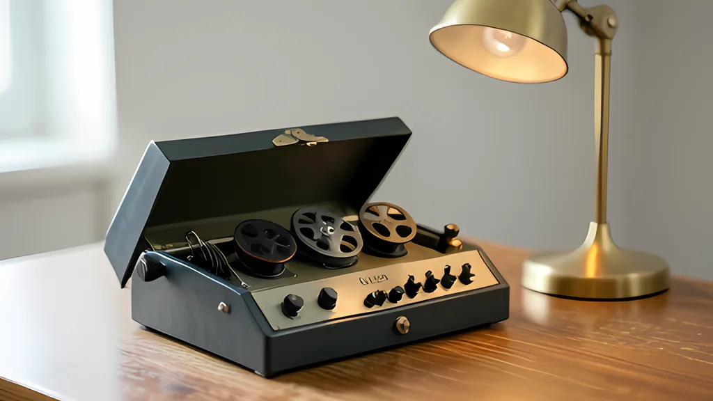 A dark metal cipher machine with its lid open, showing three rotor wheels and a row of knobs, on a wooden desk beside a brass lamp.