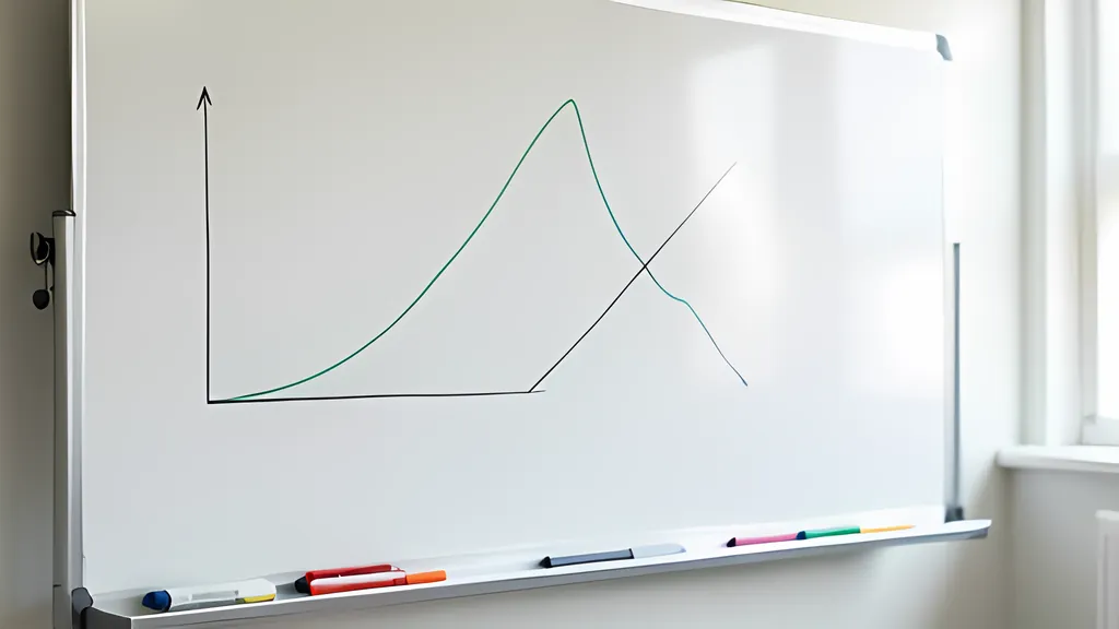 A classroom whiteboard with a hand-drawn graph: one curve rising and falling, two others crossing, and colored markers on the tray below