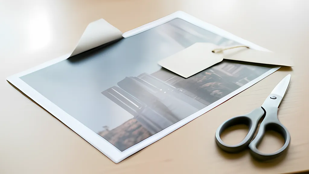 A printed photograph lying on a pale wooden desk with a blank paper luggage tag on a string resting on its corner and a pair of gray scissors beside it.