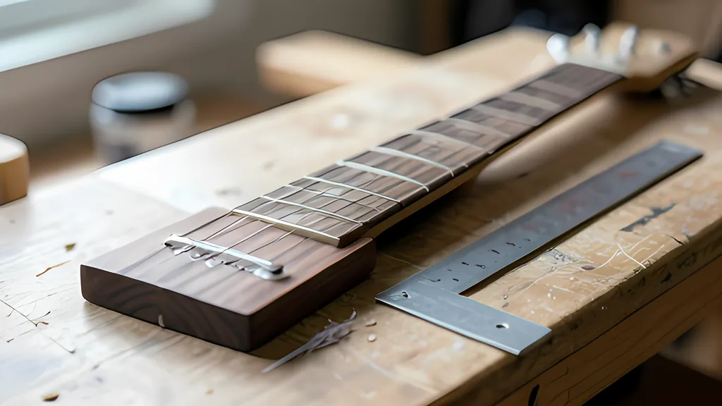 An unfinished guitar neck with a dark rosewood fretboard and bright metal frets lying on a worn wooden workbench beside a steel rule.