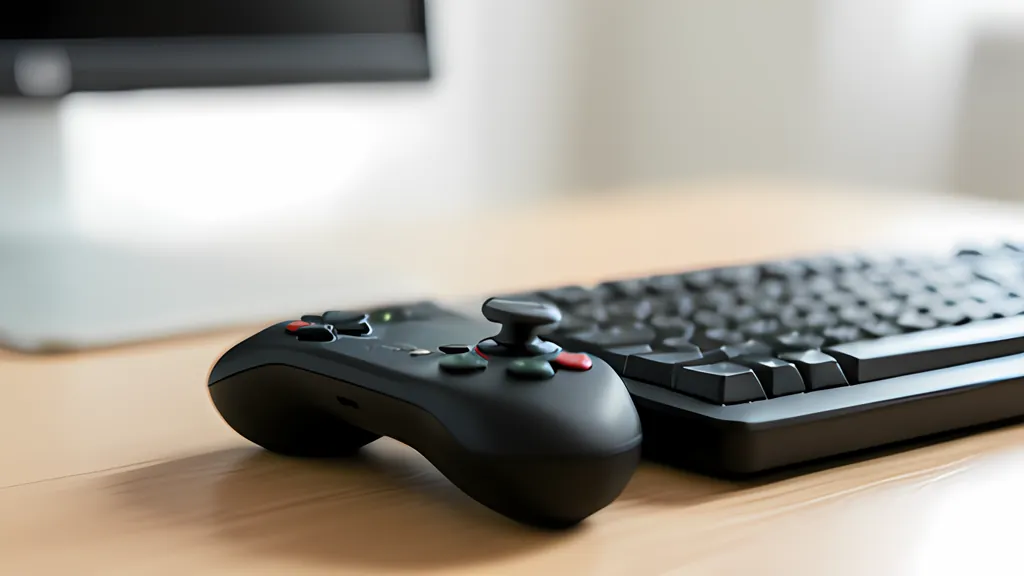 A black wireless game controller with a raised thumbstick rests on a wooden desk beside a black keyboard, with a monitor out of focus behind.